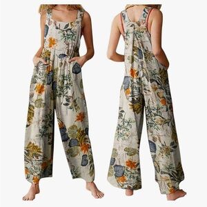 Floral Black Jumpsuit Cotton/ Linen Button Bib Front Pockets Cottage Core, Med